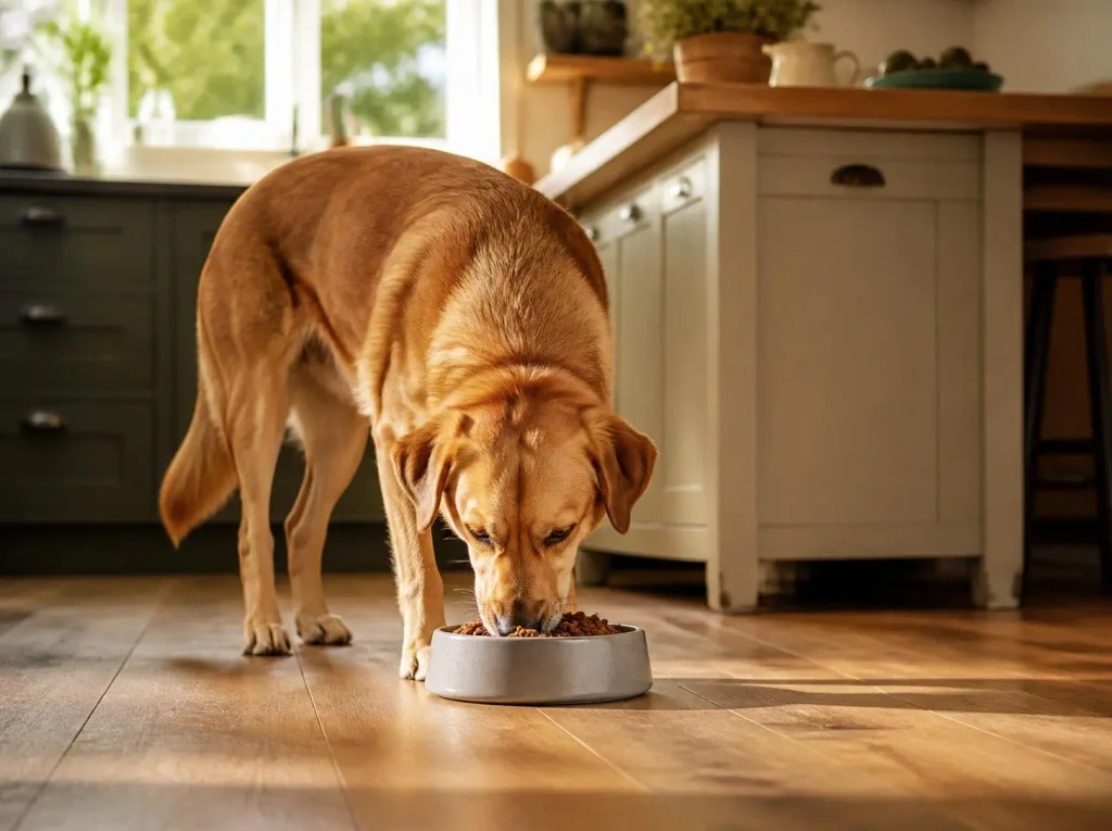 Adult dog eating a balanced meal reflecting dog nutrition basics guidance