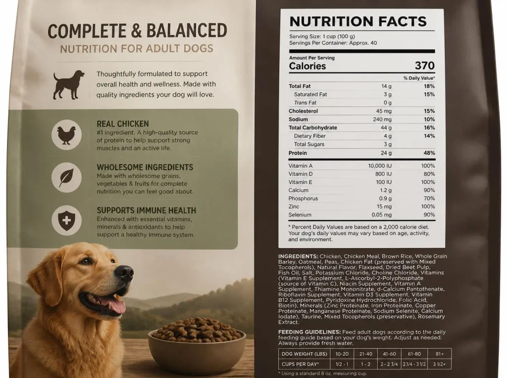 Close-up of a pet food label representing dog nutrition basics and AAFCO standards
