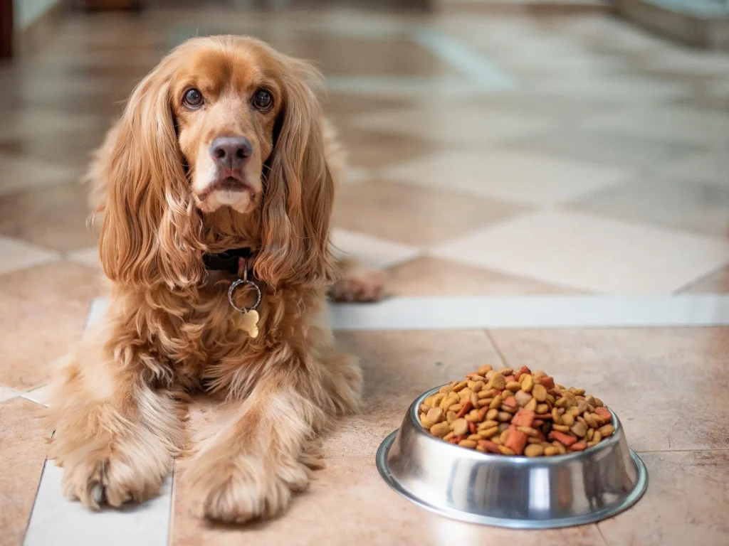 Dog lying beside its food, illustrating dog lifestyle needs