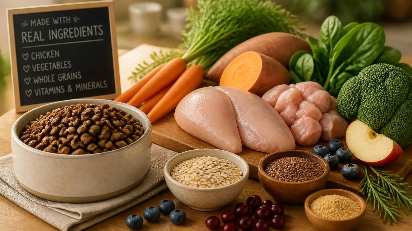 Dog food bowl with kibble and fresh ingredients illustrating dog nutrition basics