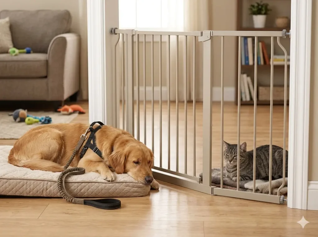 Introducing dogs and cats safely with a baby gate