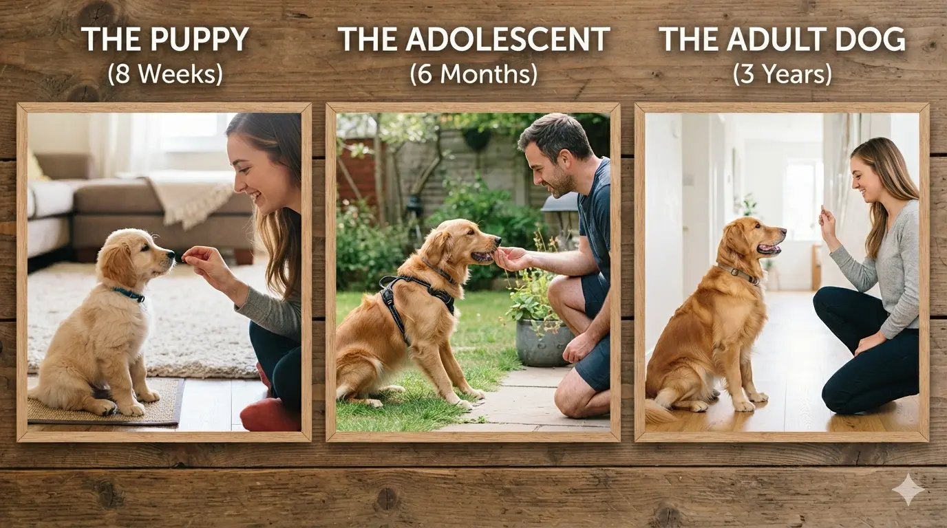 Dog training by life stage — puppy, adolescent, and adult
