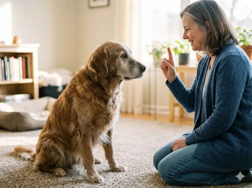 Senior dog training with visual cues