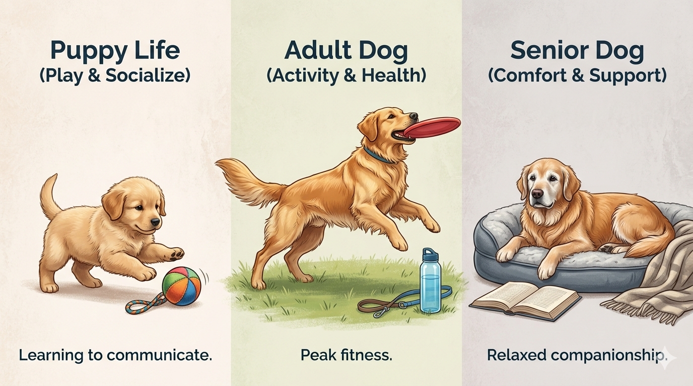Dog exercise by life stage — puppy, adult, and senior