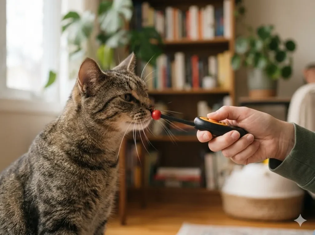 Clicker training a cat with a target stick