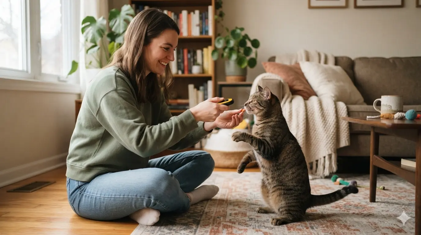 Positive reinforcement cat training — clicker and treat