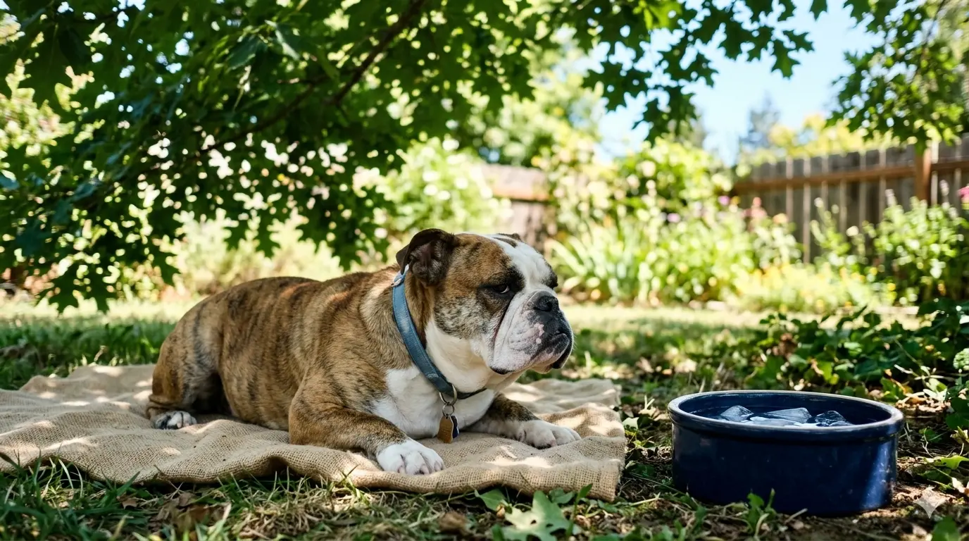 Brachycephalic dog care — dog resting in shade