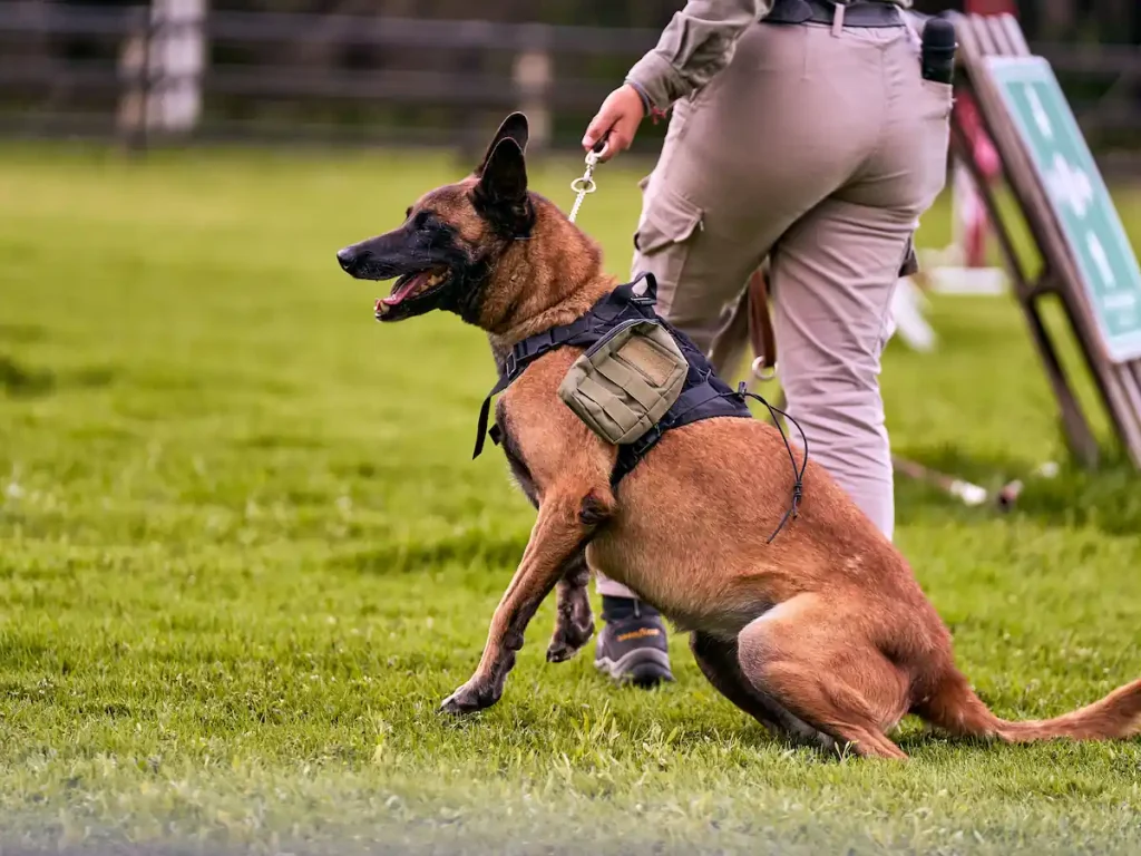 Owner and dog: a dog wearing a harness.